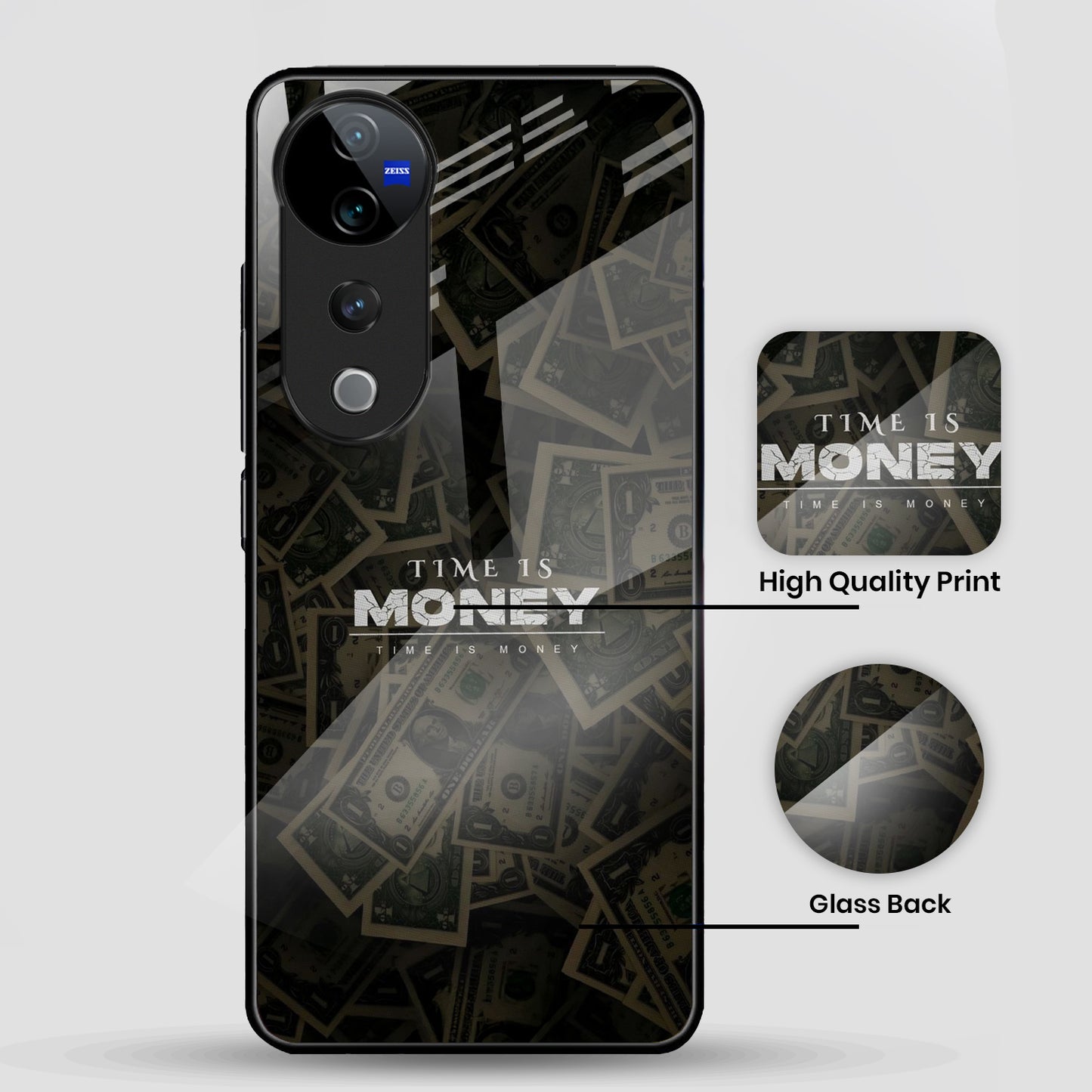 Vivo V40 Pro 5G Premium Acrylic Shockproof Glass Back Case (Time is Money)