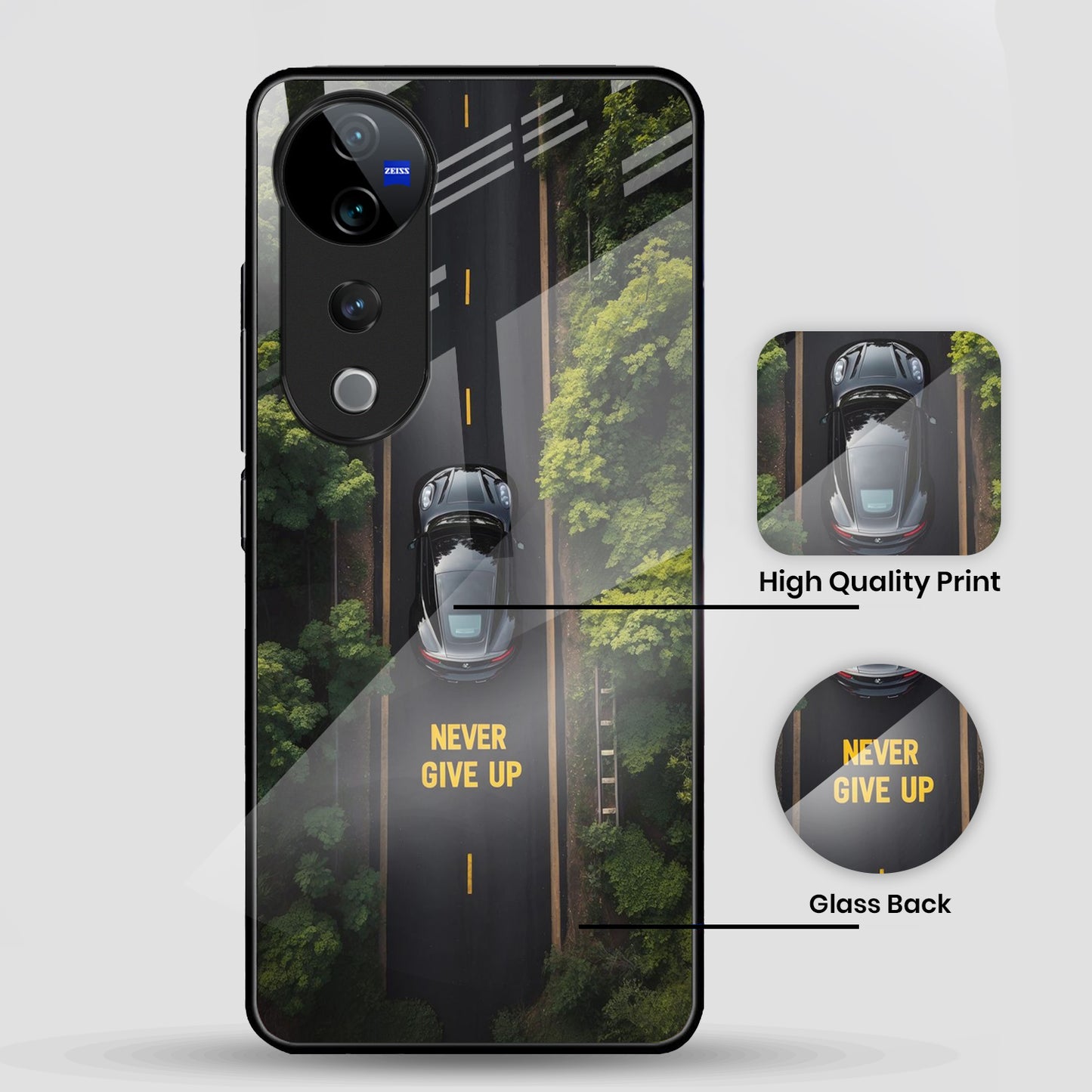 Vivo V40 Pro 5G Premium Acrylic Shockproof Glass Back Case ( Road Never Give up )