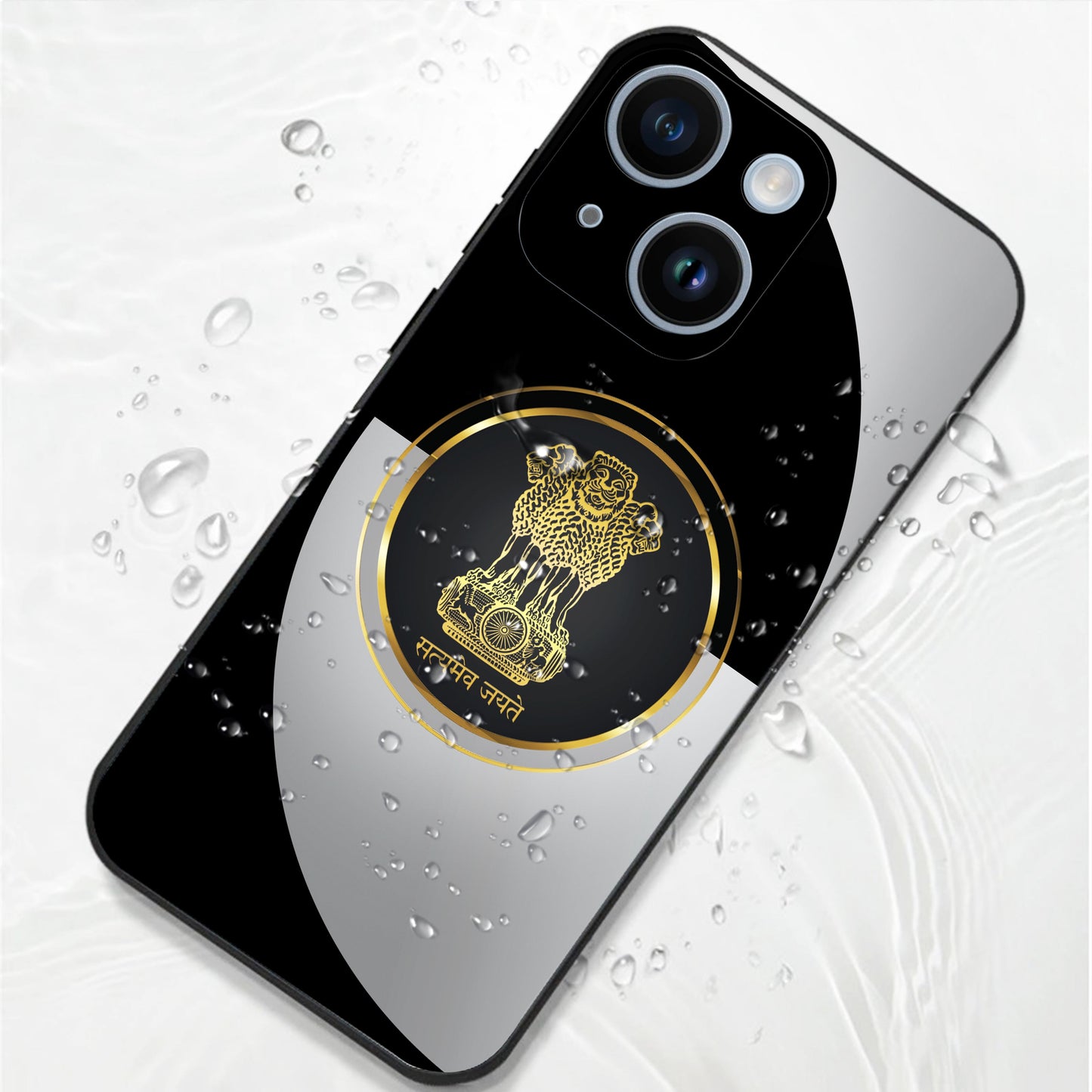 iPhone 15 Premium Acrylic Shockproof Glass Back Case (Satyamev Noir)