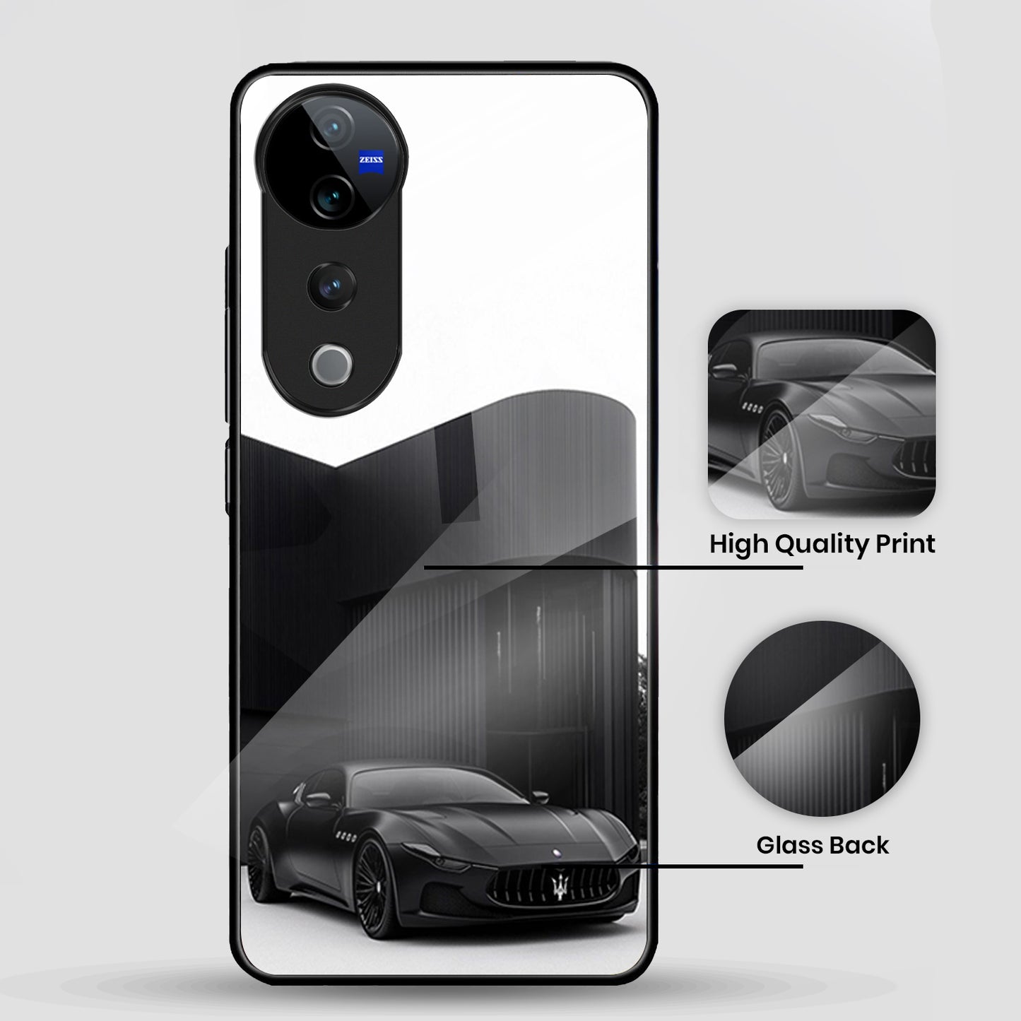 Vivo V40 Pro 5G Premium Acrylic Shockproof Glass Back Case ( Monochrome Maserati )