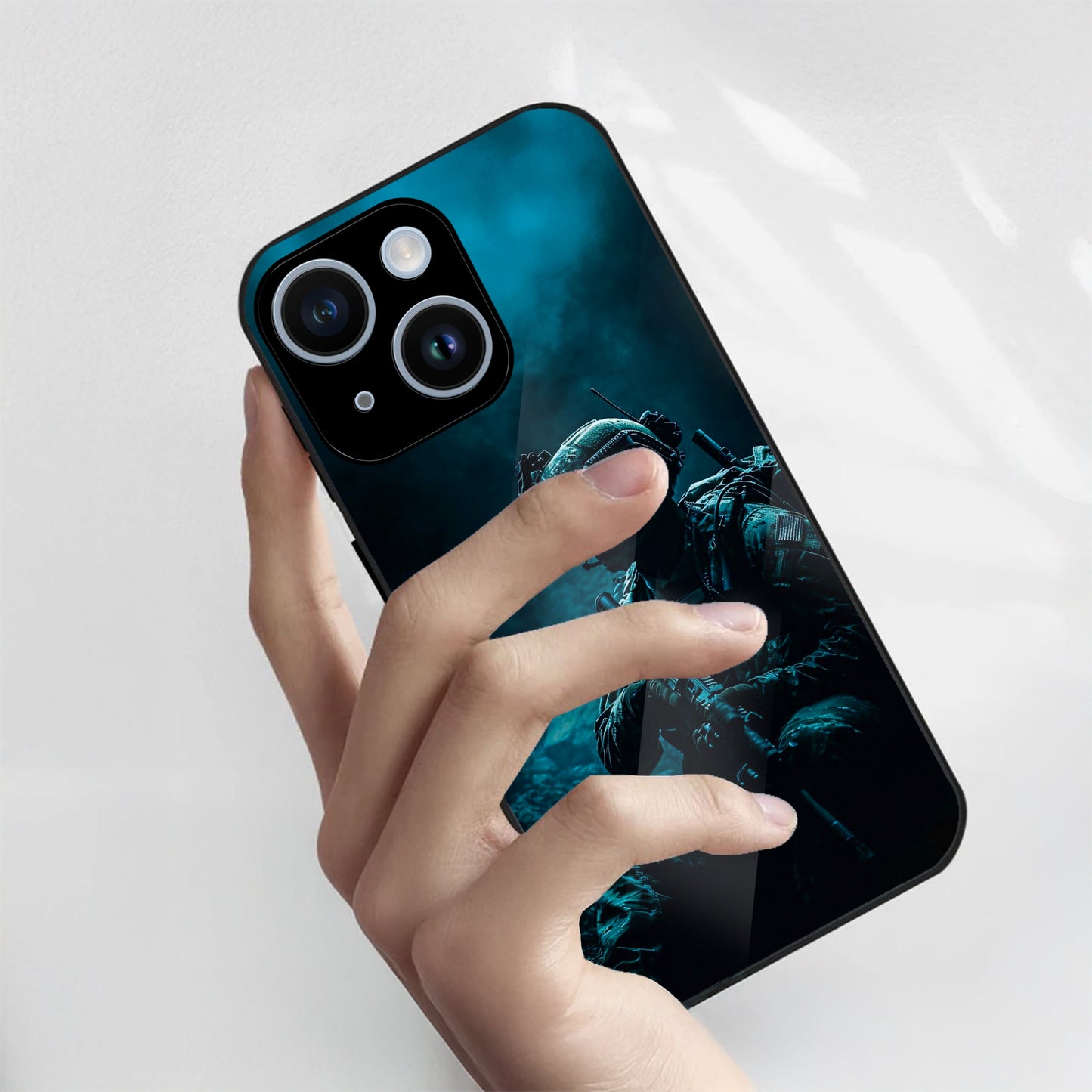 iPhone 15 Premium Acrylic Shockproof Glass Back Case (Soldier Case)