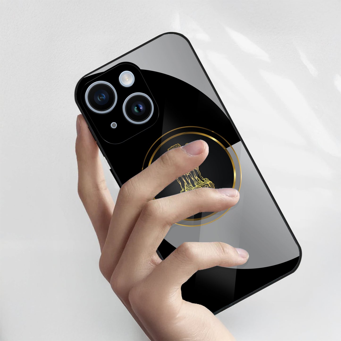 iPhone 15 Premium Acrylic Shockproof Glass Back Case (Satyamev Noir)