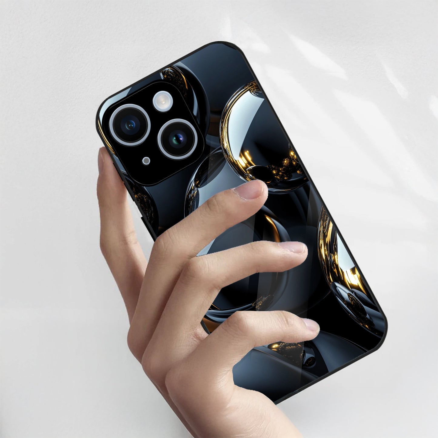 iPhone 15 Premium Acrylic Shockproof Glass Back Case (Mirror Spheres)