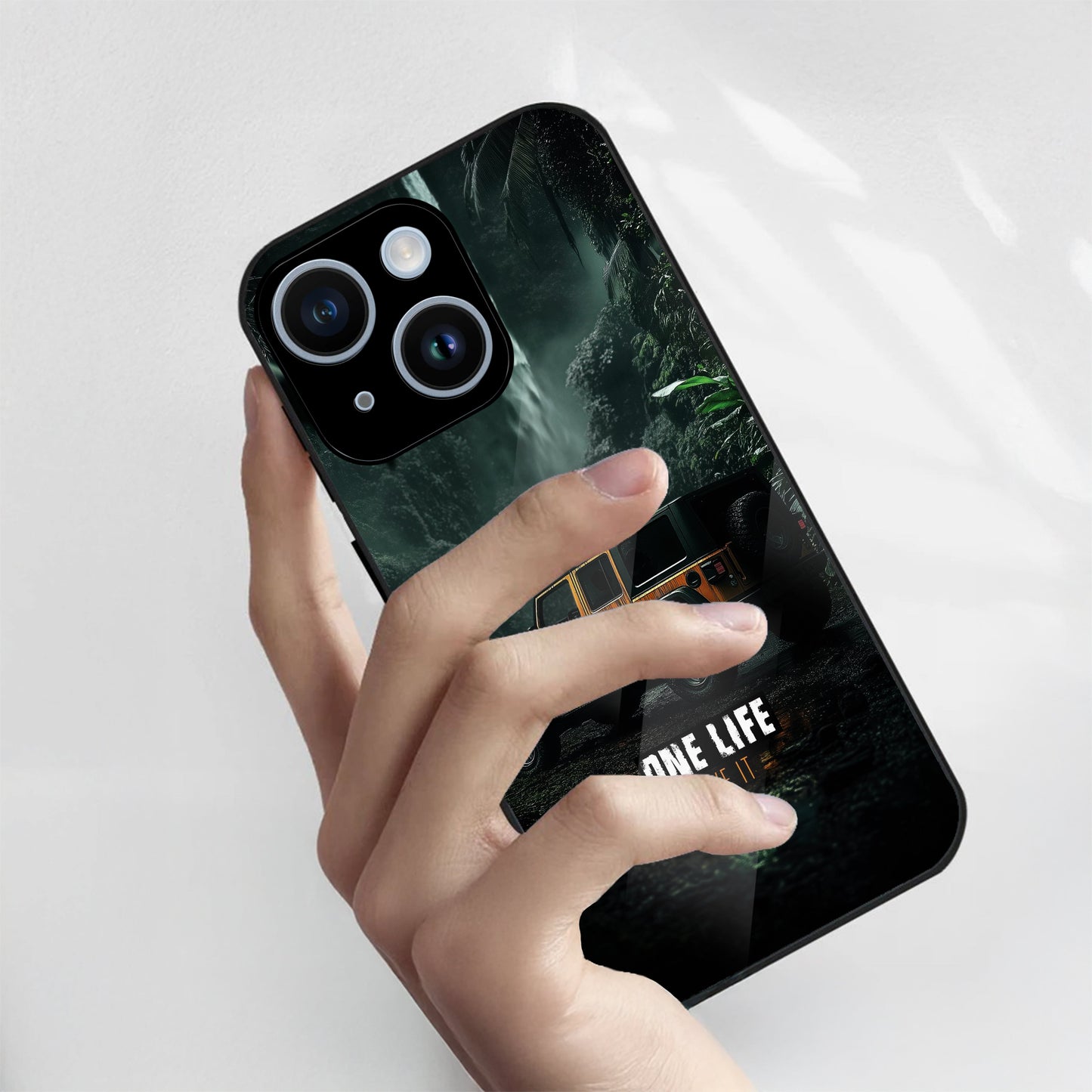 iPhone 14 Premium Acrylic Shockproof Glass Back Case ( Jeep Case )