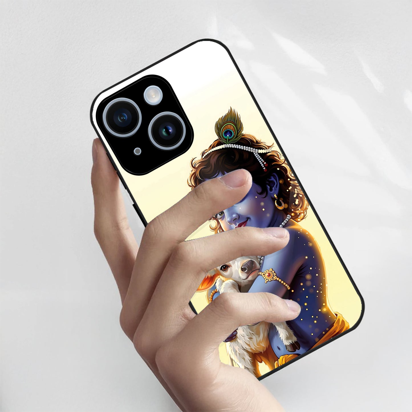 iPhone 14 Premium Acrylic Shockproof Glass Back Case (Cute Krishna)