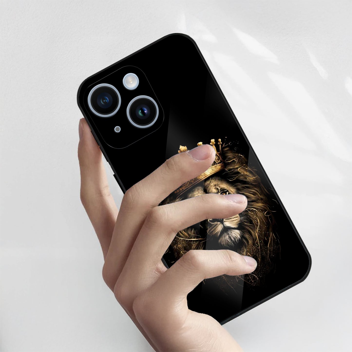 iPhone 15 Premium Acrylic Shockproof Glass Back Case (Crowned Lion)