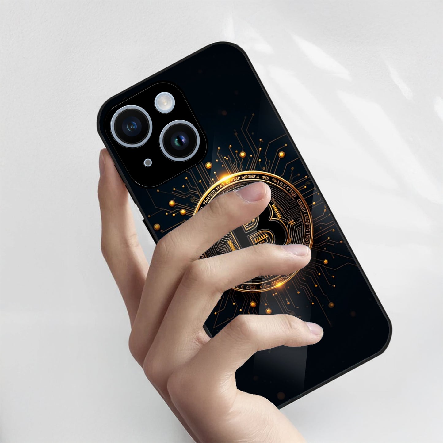 iPhone 15 Premium Acrylic Shockproof Glass Back Case (Bitcoin Armor)