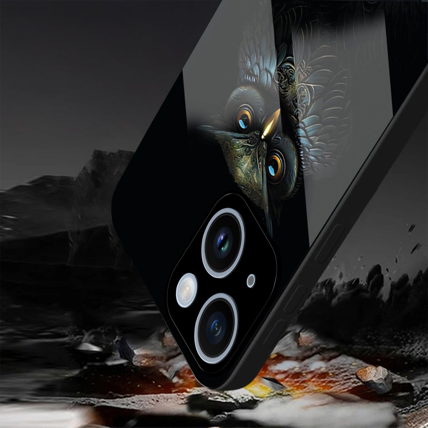 iPhone 14 Premium Acrylic Shockproof Glass Back Case ( Midnight Owl )