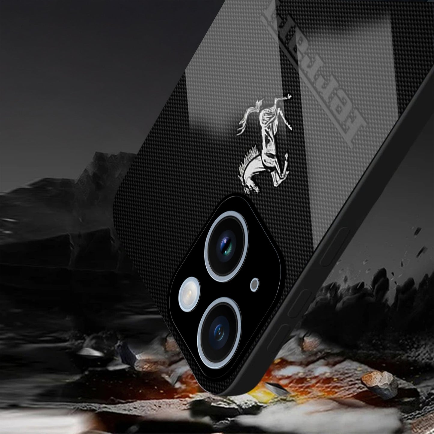 iPhone 14 Premium Acrylic Shockproof Glass Back Case ( Ferrari Carbon Fiber )