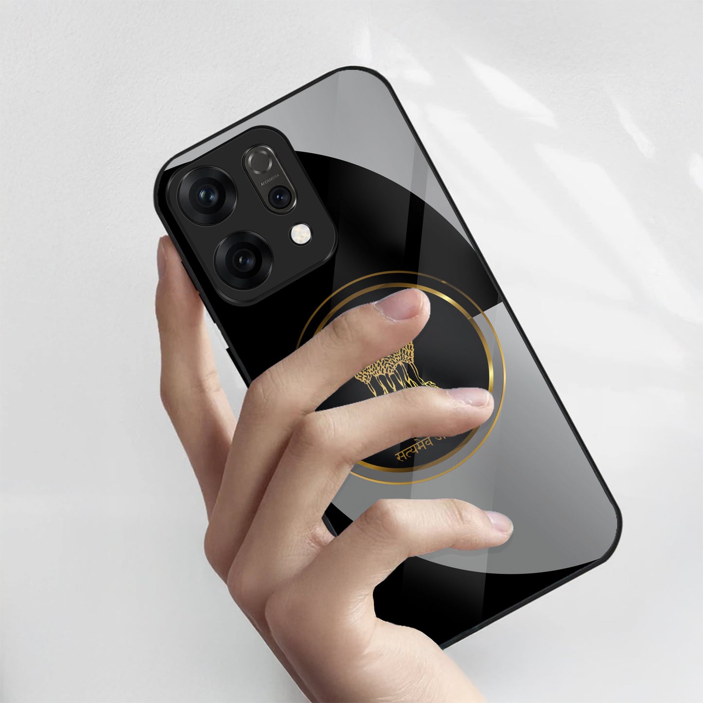 Oppo Reno 14 5G Premium Acrylic Shockproof Glass Back Case ( Satyamev Noir )