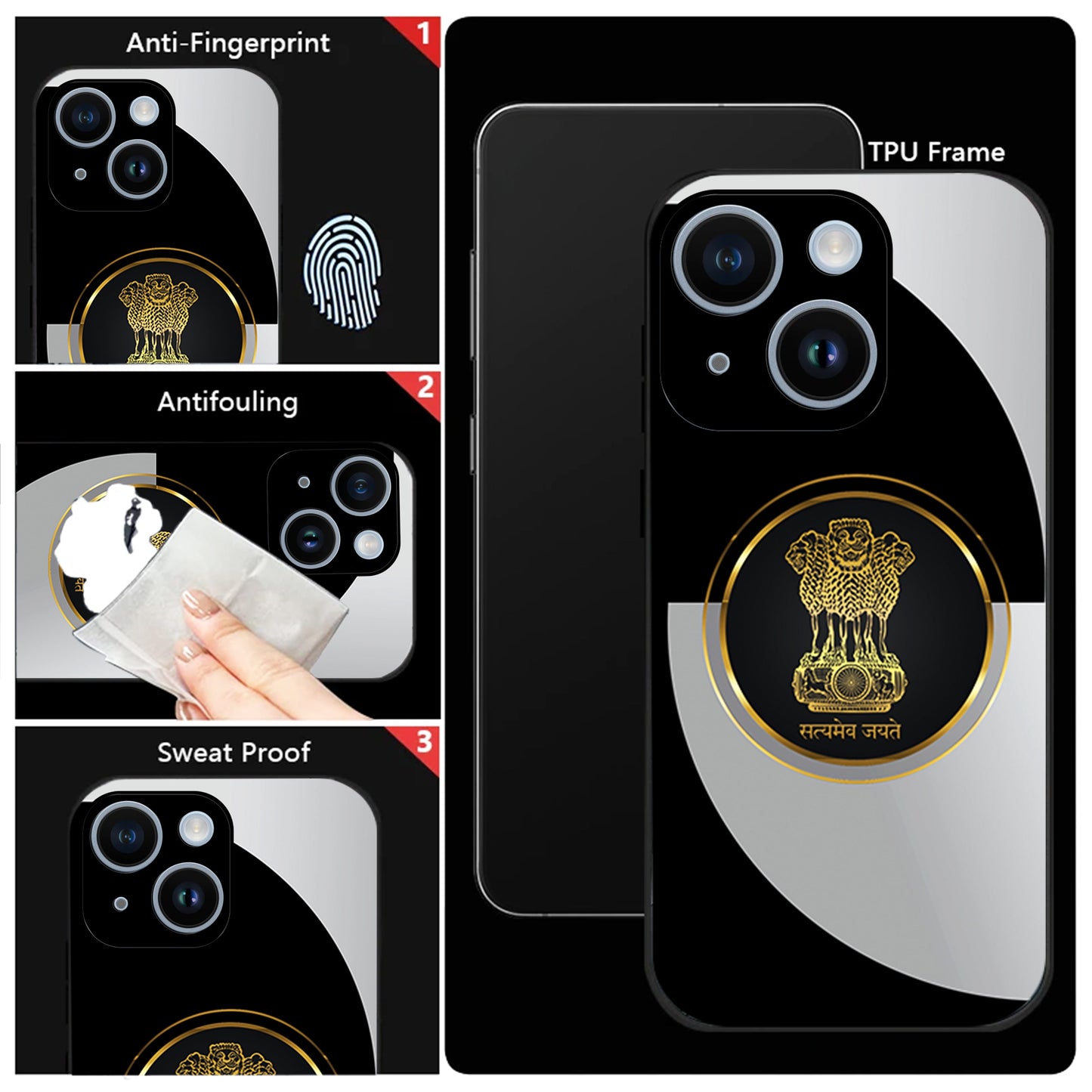 iPhone 15 Premium Acrylic Shockproof Glass Back Case (Satyamev Noir)