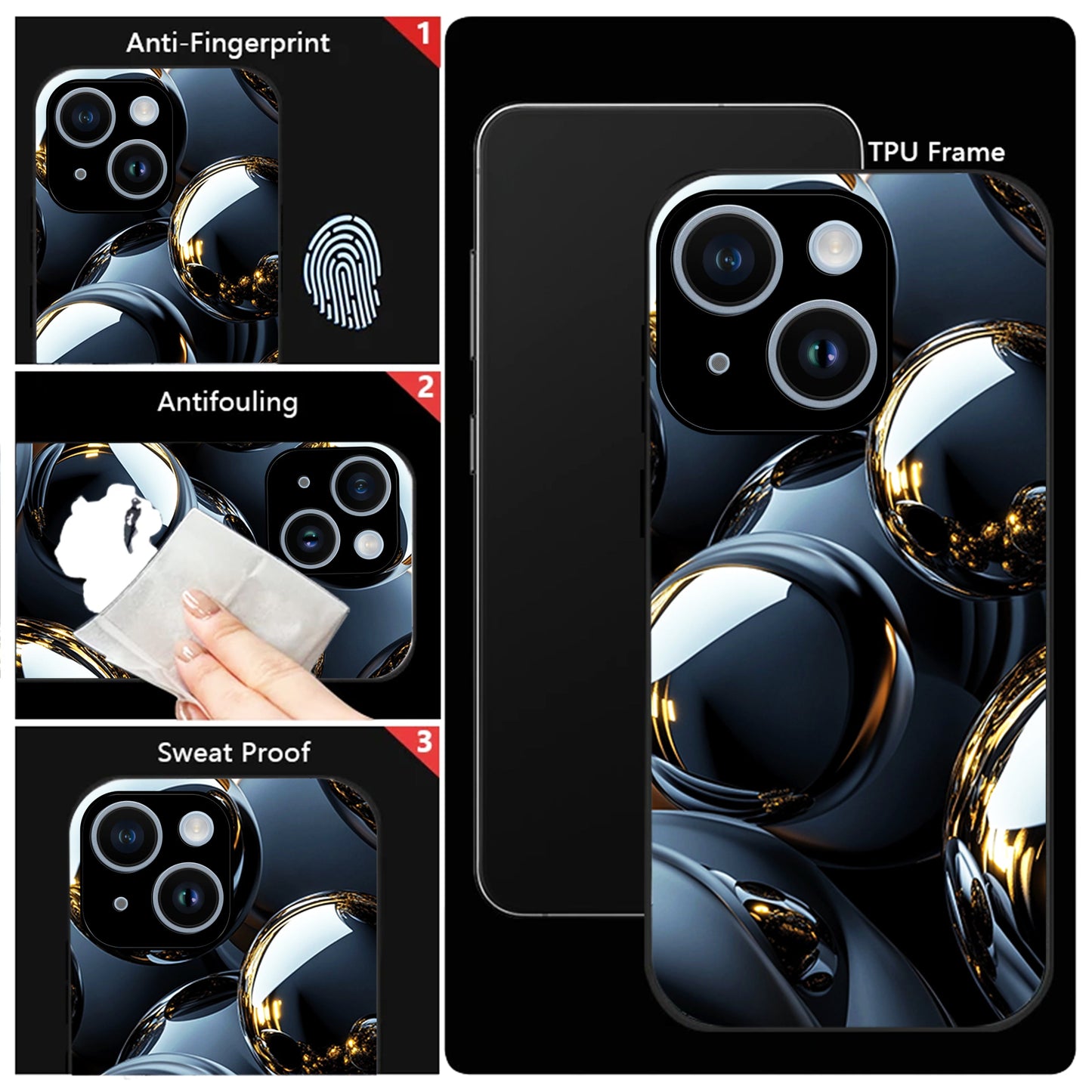 iPhone 15 Premium Acrylic Shockproof Glass Back Case (Mirror Spheres)