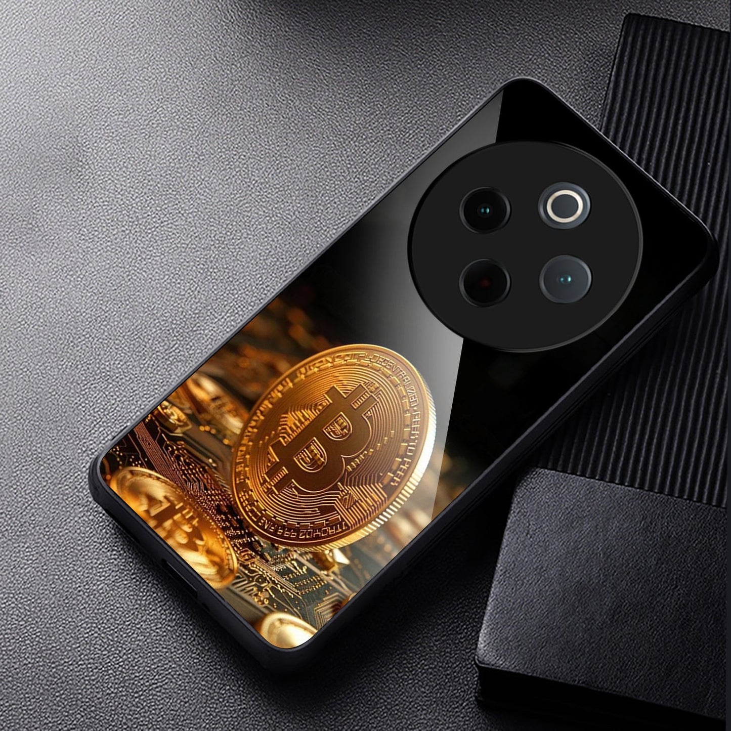 Vivo T4 5G Premium Acrylic Shockproof Glass Back Case (Golden Bitcoin)