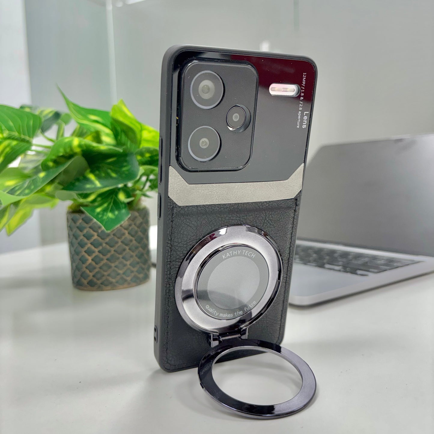 Redmi Note 13 Pro+ 5G Original Luxury Leather Lens Magnifier Ring Stand Case