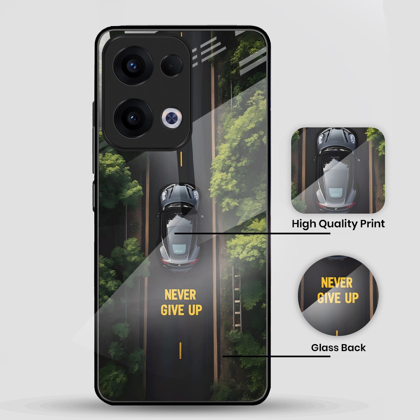 Oppo Reno 13 5G Premium Acrylic Shockproof Glass Back Case ( Road Never Give up )