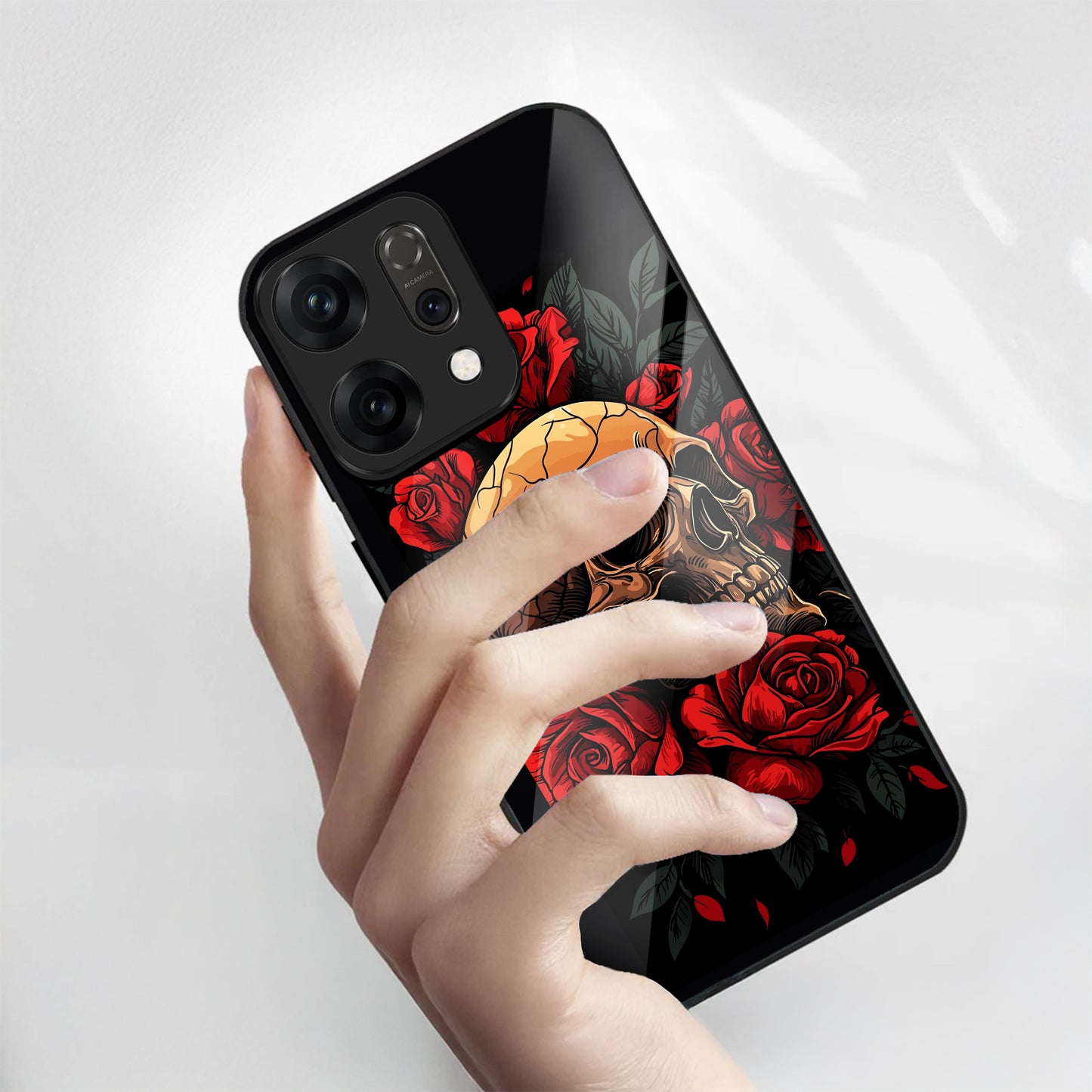 Oppo Reno 14 5G Premium Acrylic Shockproof Glass Back Case (Rose Skull)