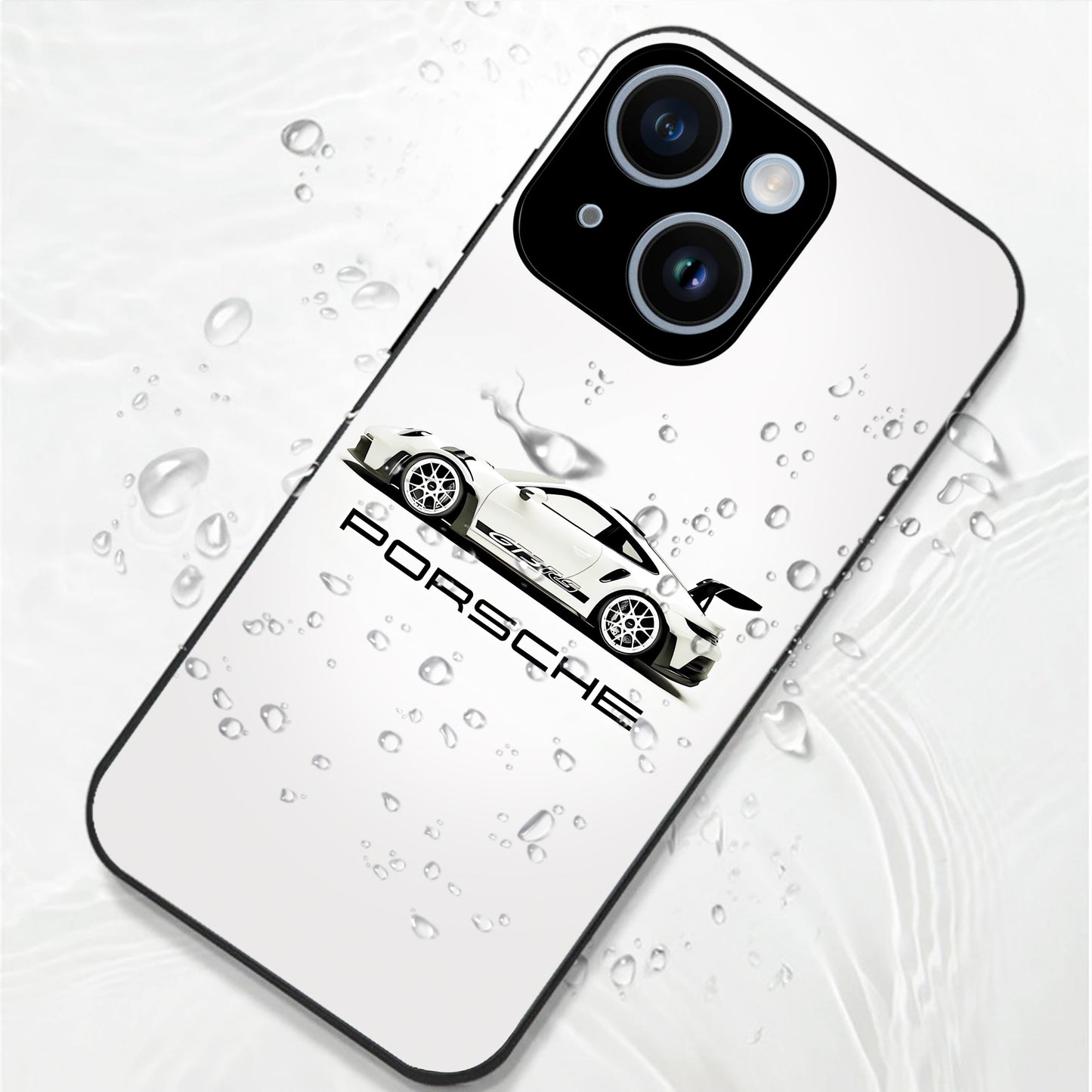 iPhone 15 Premium Acrylic Shockproof Glass Back Case (White Porsche)