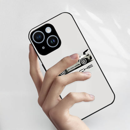 iPhone 15 Premium Acrylic Shockproof Glass Back Case (White Porsche)