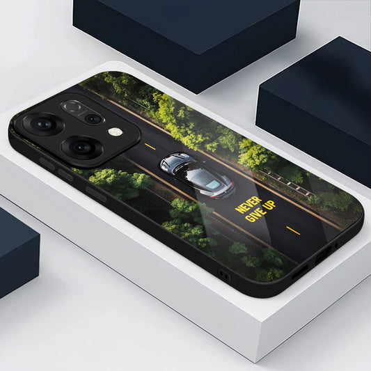 Oppo Reno 14 5G Premium Acrylic Shockproof Glass Back Case (Road Never Give Up)