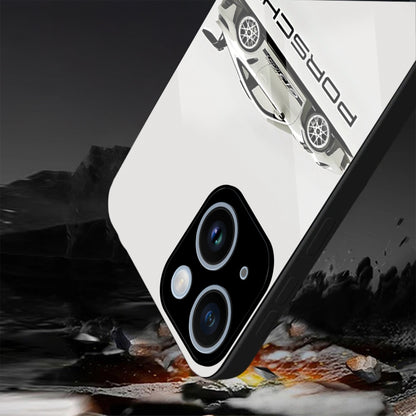 iPhone 15 Premium Acrylic Shockproof Glass Back Case (White Porsche)