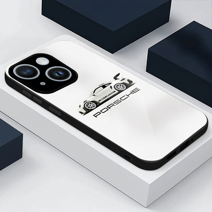 iPhone 15 Premium Acrylic Shockproof Glass Back Case (White Porsche)