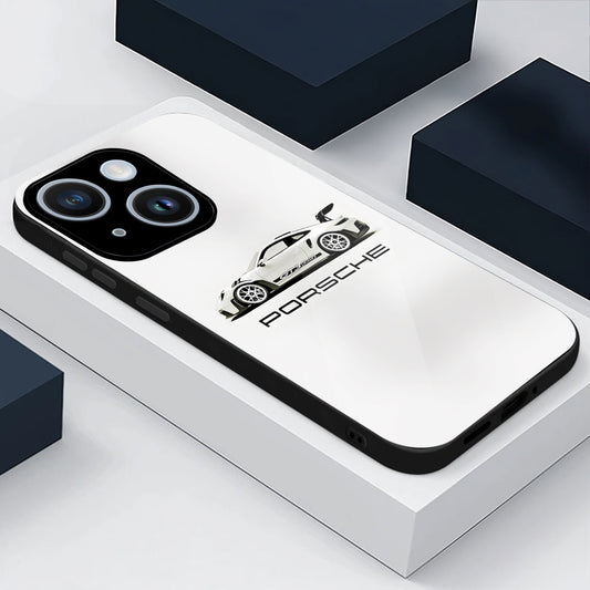 iPhone 15 Premium Acrylic Shockproof Glass Back Case (White Porsche)