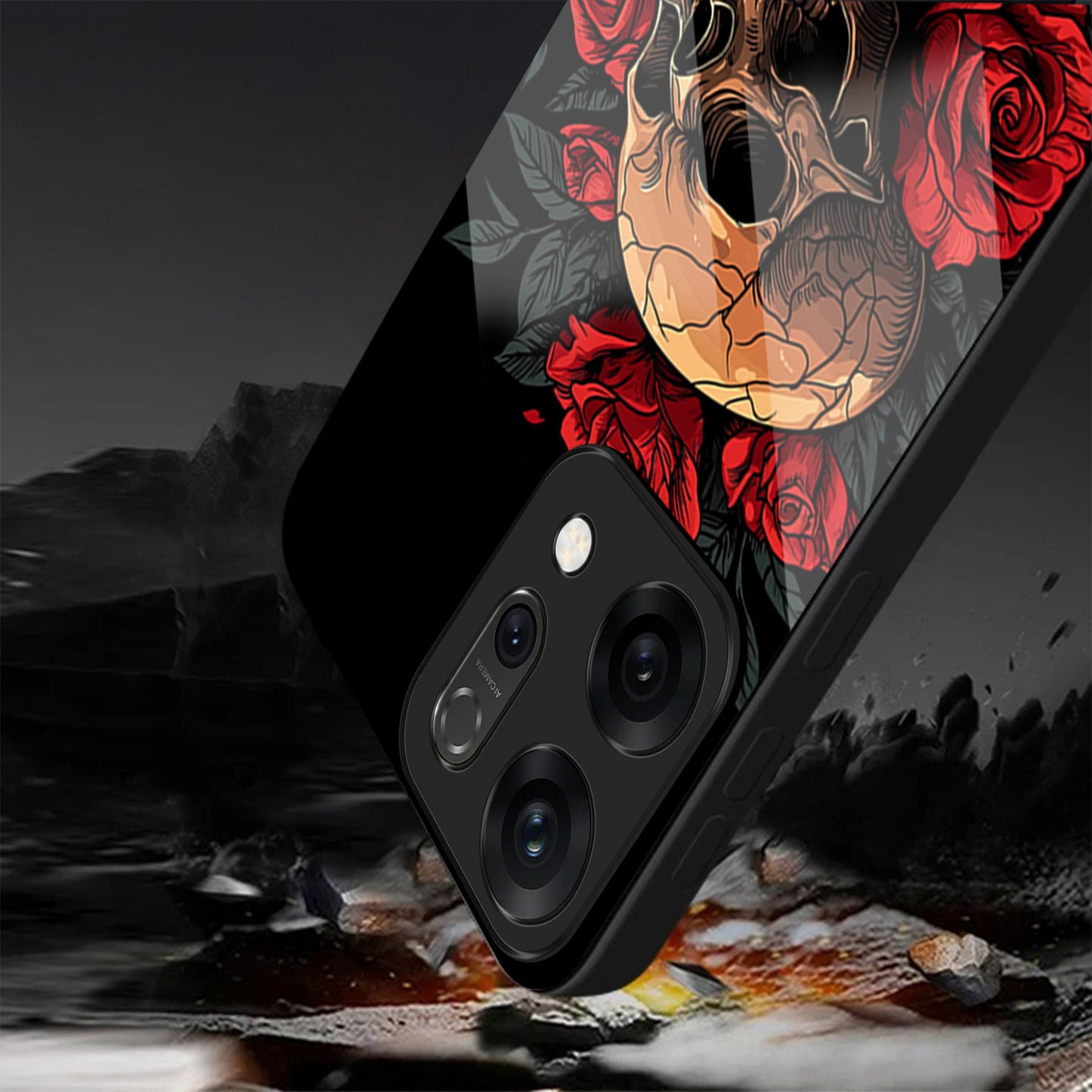 Oppo Reno 14 5G Premium Acrylic Shockproof Glass Back Case (Rose Skull)