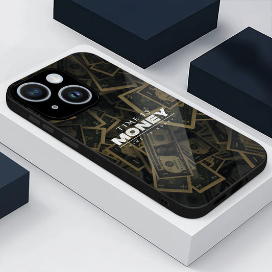 iPhone 15 Premium Acrylic Shockproof Glass Back Case (Time Is Money)