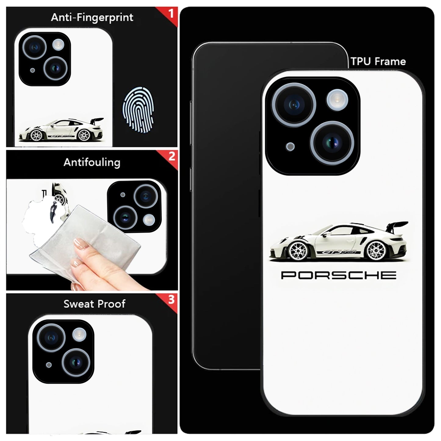 iPhone 15 Premium Acrylic Shockproof Glass Back Case (White Porsche)