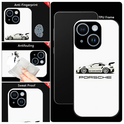 iPhone 15 Premium Acrylic Shockproof Glass Back Case (White Porsche)