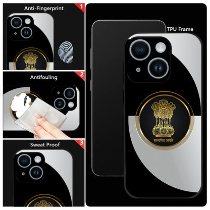 iPhone 15 Premium Acrylic Shockproof Glass Back Case (Satyamev Noir)