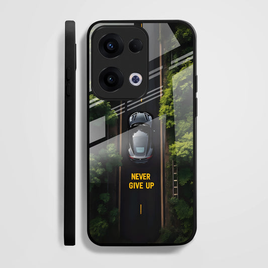 Oppo Reno 13 5G Premium Acrylic Shockproof Glass Back Case ( Road Never Give up )