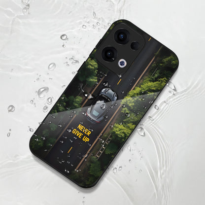 Oppo Reno 13 5G Premium Acrylic Shockproof Glass Back Case ( Road Never Give up )