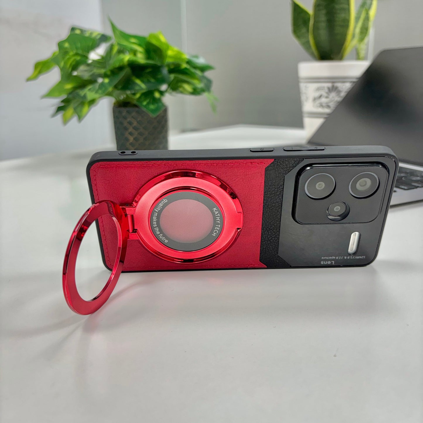 Redmi Note 13 Pro+ 5G Original Luxury Leather Lens Magnifier Ring Stand Case